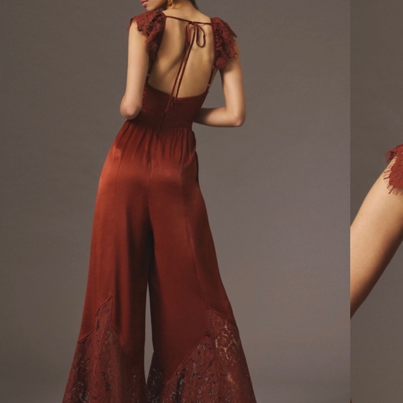 Anthropologie Pants - Anthropologie Rust Lace-Trim Satin Jumpsuit
